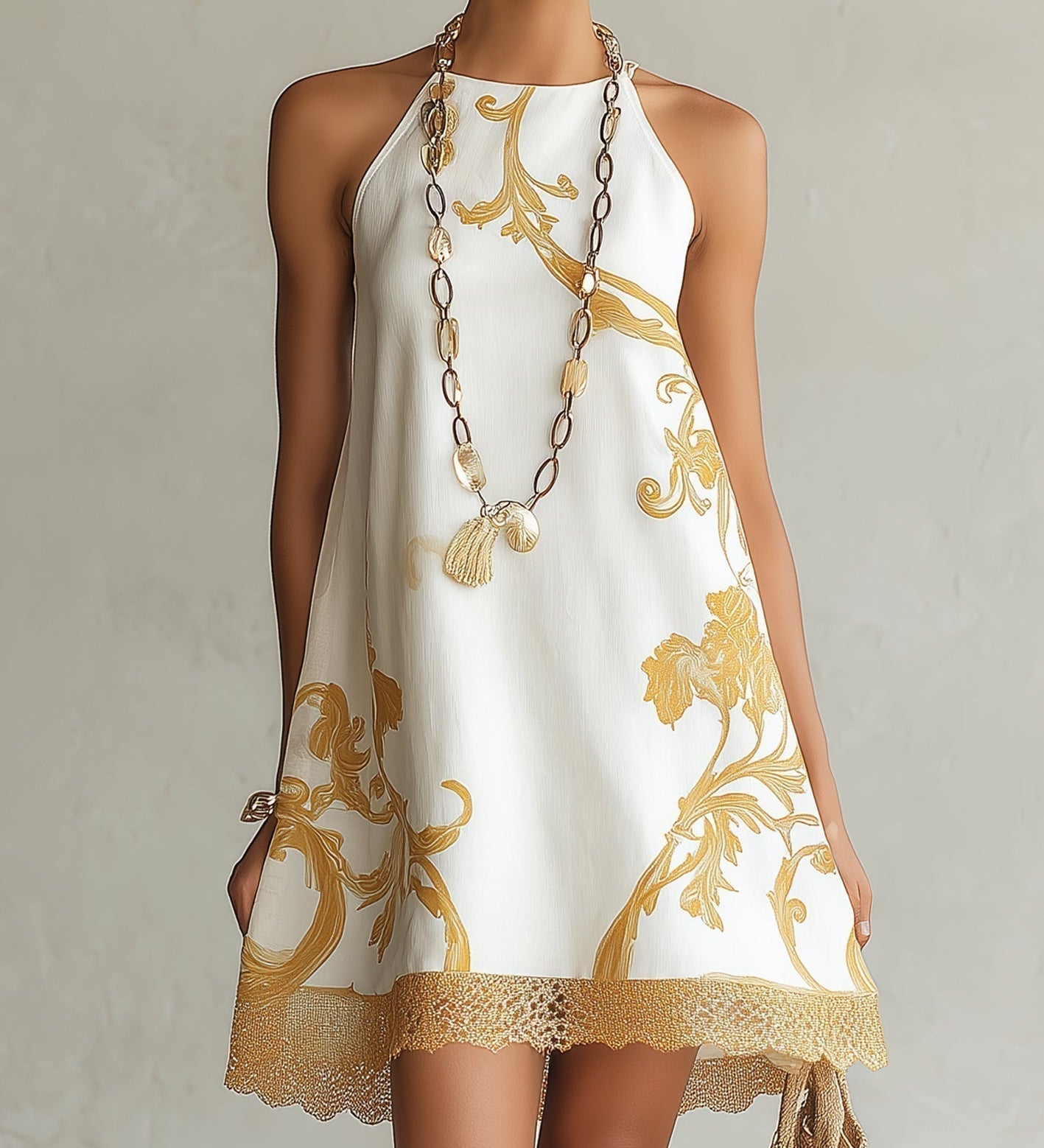 Héloïse | Vestido Mini de Renda Branca com Padrões Dourados