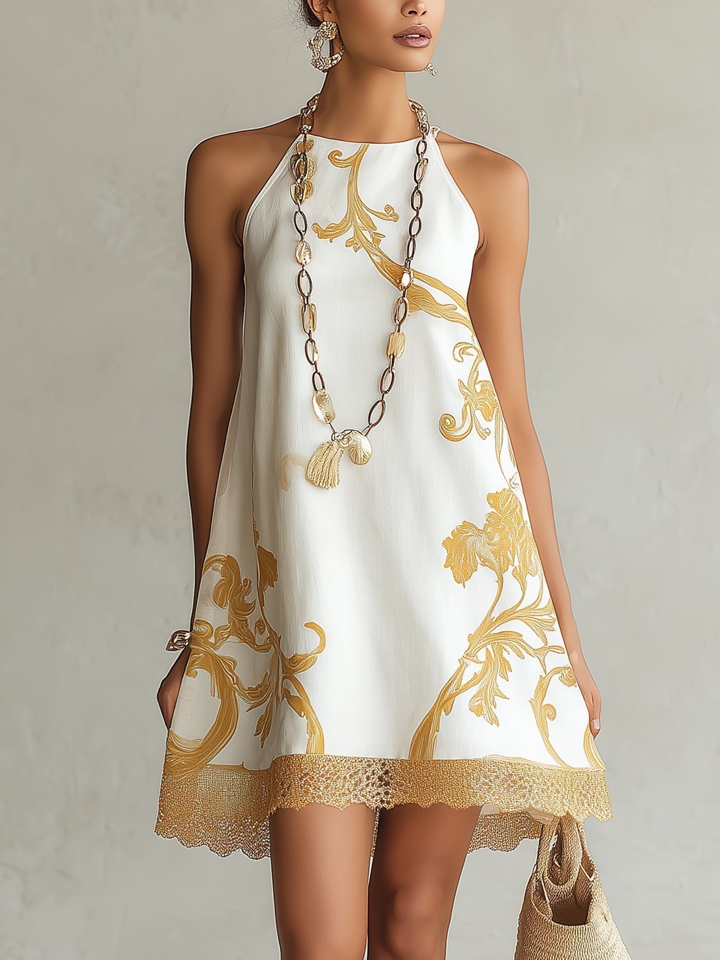 Héloïse | Vestido Mini de Renda Branca com Padrões Dourados