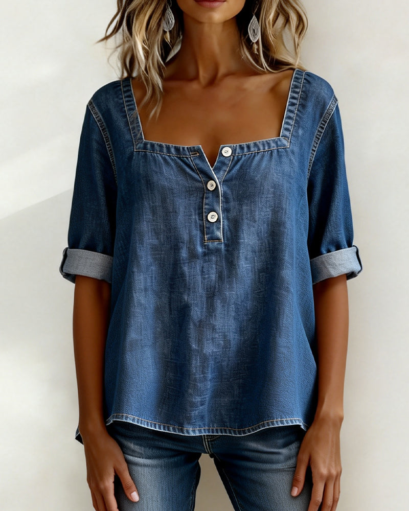 Avélia™ | Camisa de denim com colarinho quadrado