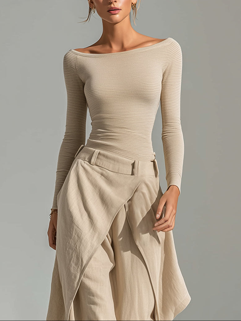 Delphine | Conjunto Top Bege com Decote Bateau e Calças Largas com Babados