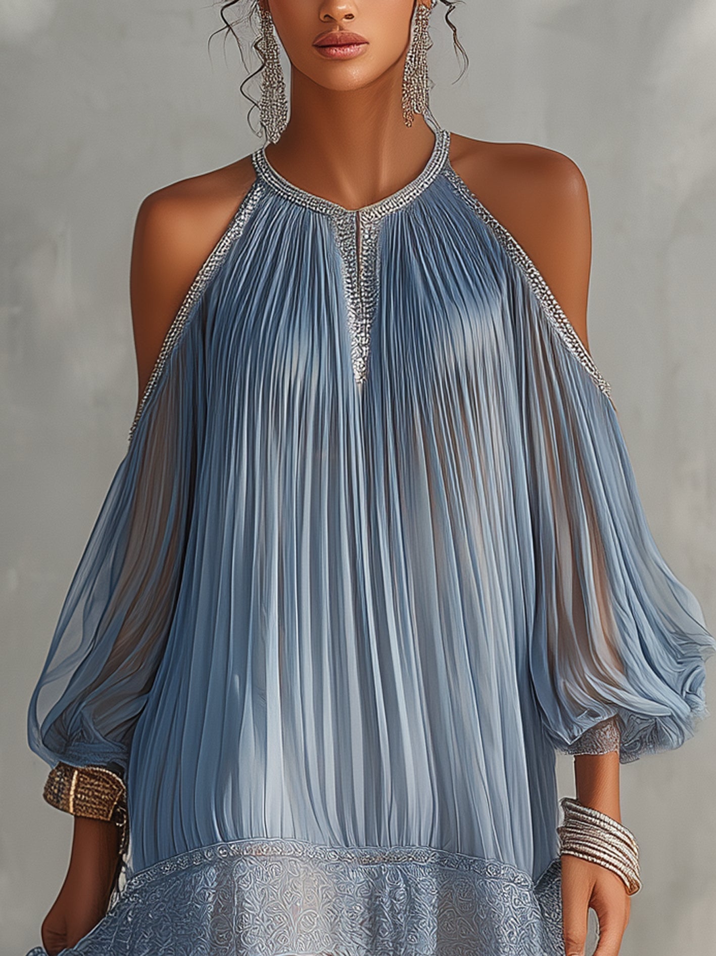 Céleste | Mini Vestido Azul com Ombros Descobertos e Barra de Renda