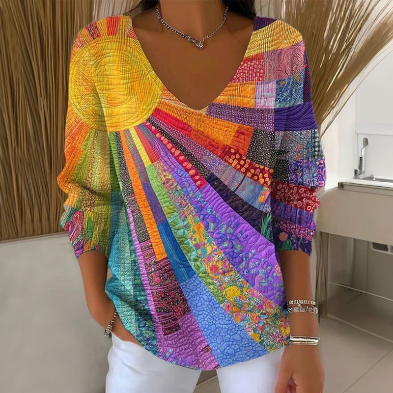Virtudes | Camiseta vintage multicolor de decote em V