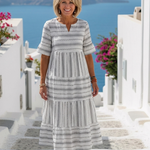 Maëlys | Vestido midi às riscas com mangas curtas