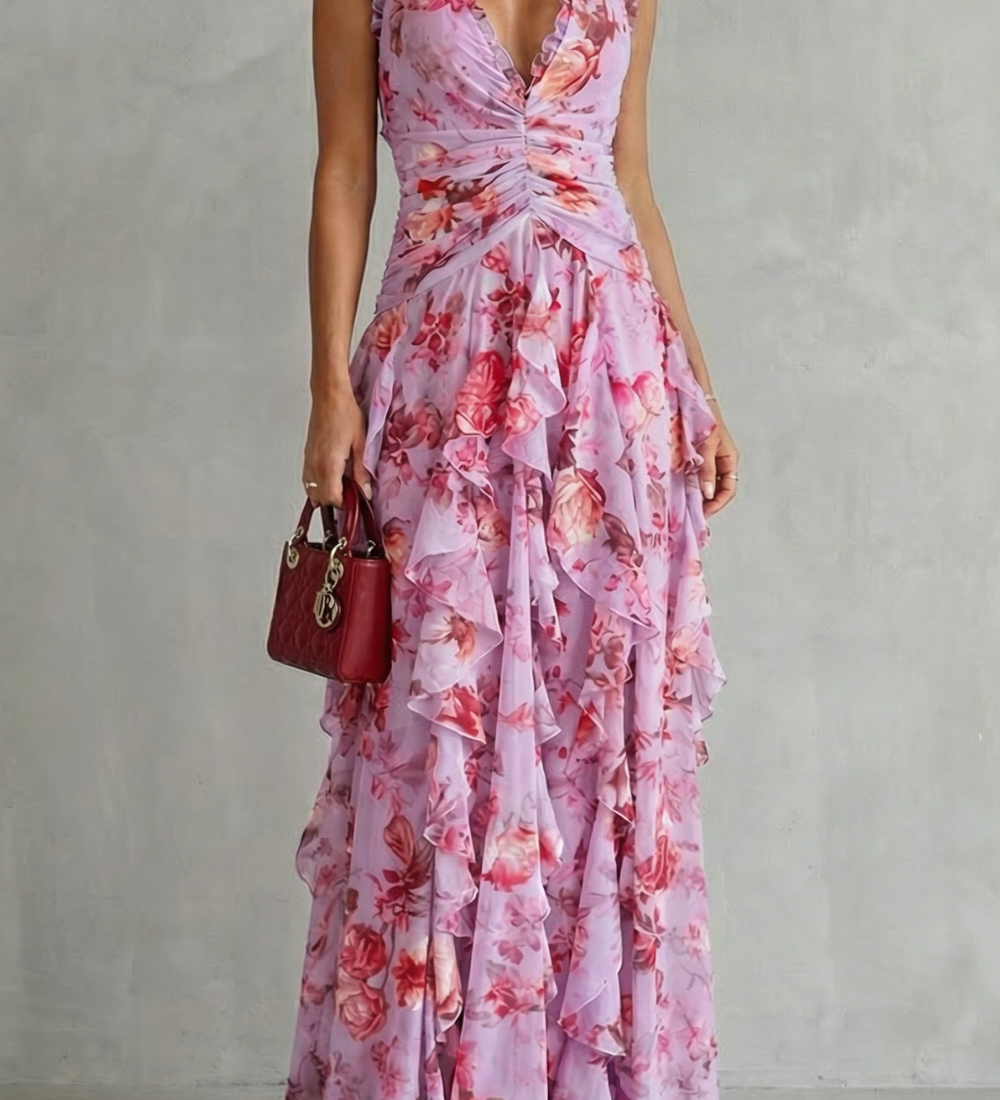 Belladina | Vestido Longo Romântico Kaskada de Rosas com Decote Americano