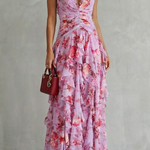 Belladina | Vestido Longo Romântico Kaskada de Rosas com Decote Americano