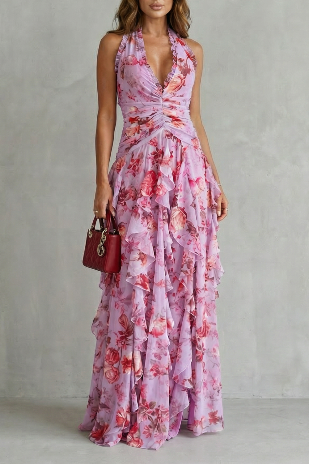 Belladina | Vestido Longo Romântico Kaskada de Rosas com Decote Americano