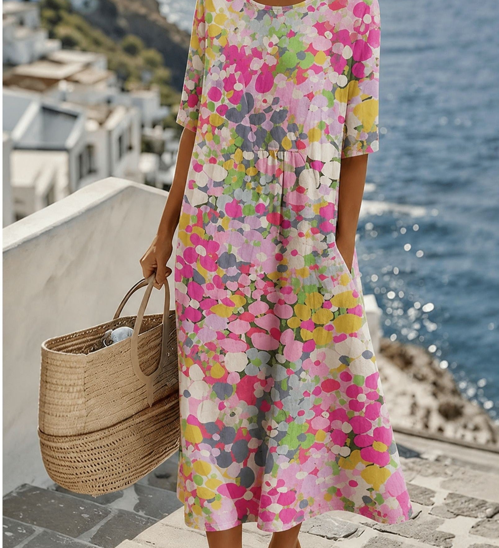 Chérie | Vestido midi com flores, amplo e leve