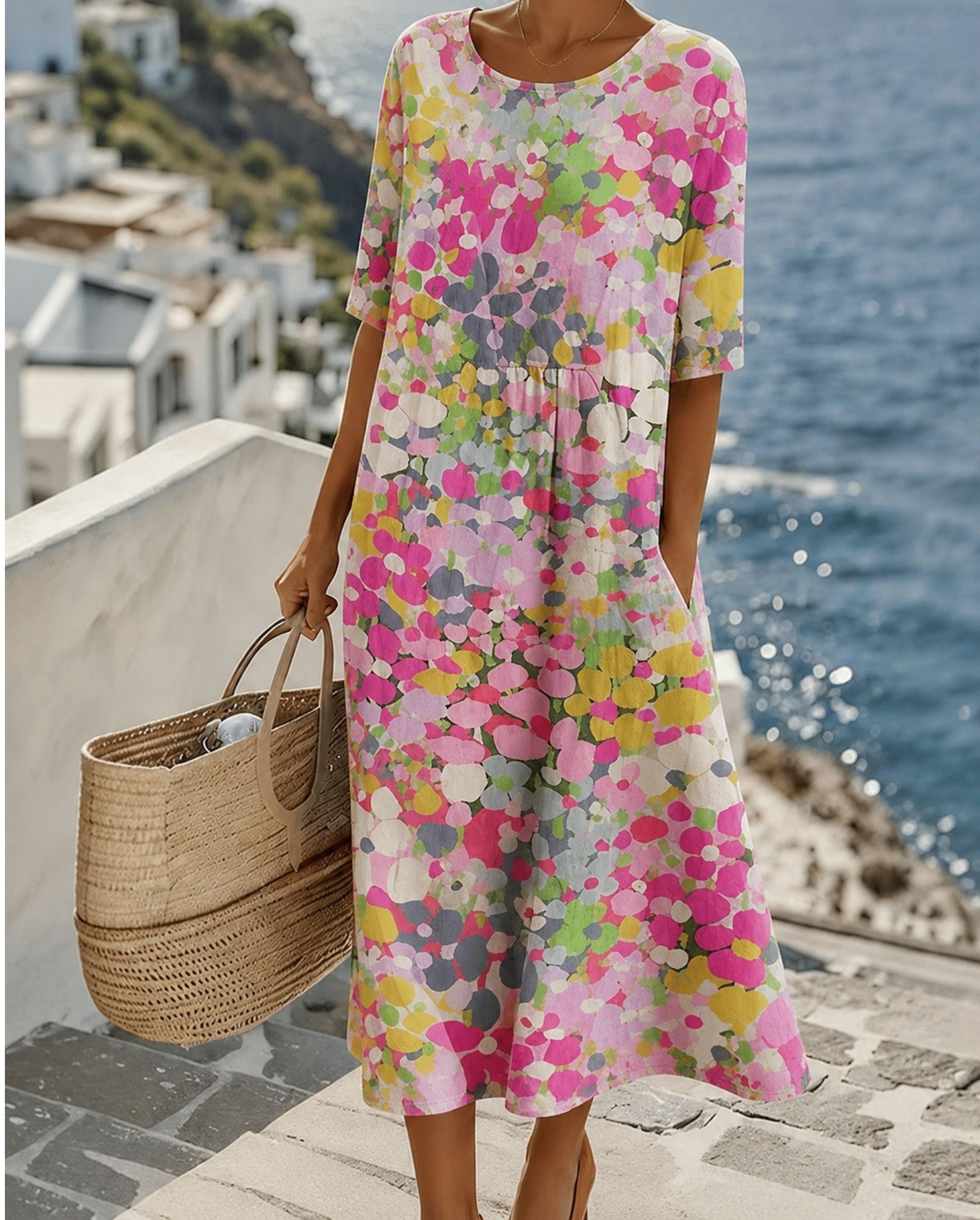 Chérie | Vestido midi com flores, amplo e leve