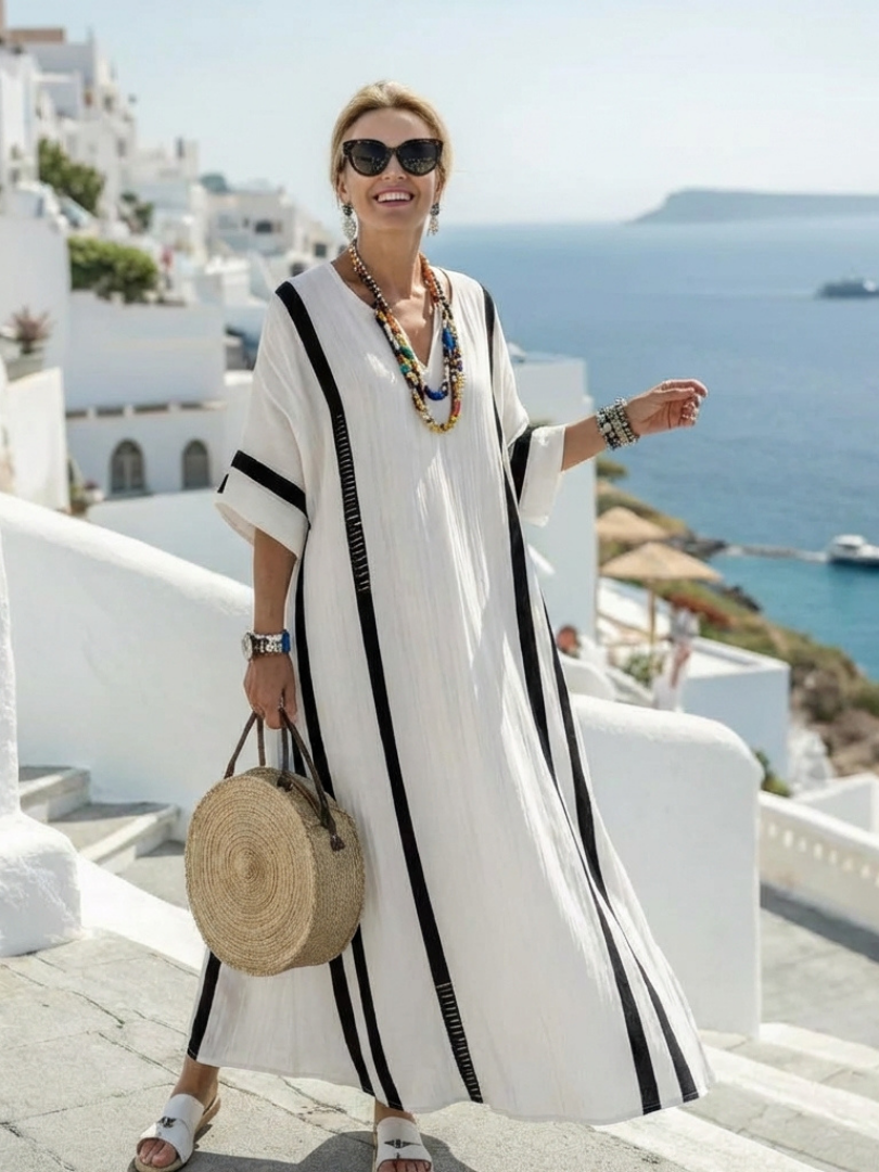 Inès | Vestido Maxi Listrado de Mangas Curtas