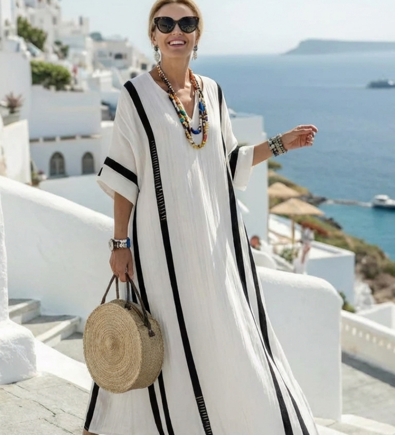 Inès | Vestido Maxi Listrado de Mangas Curtas