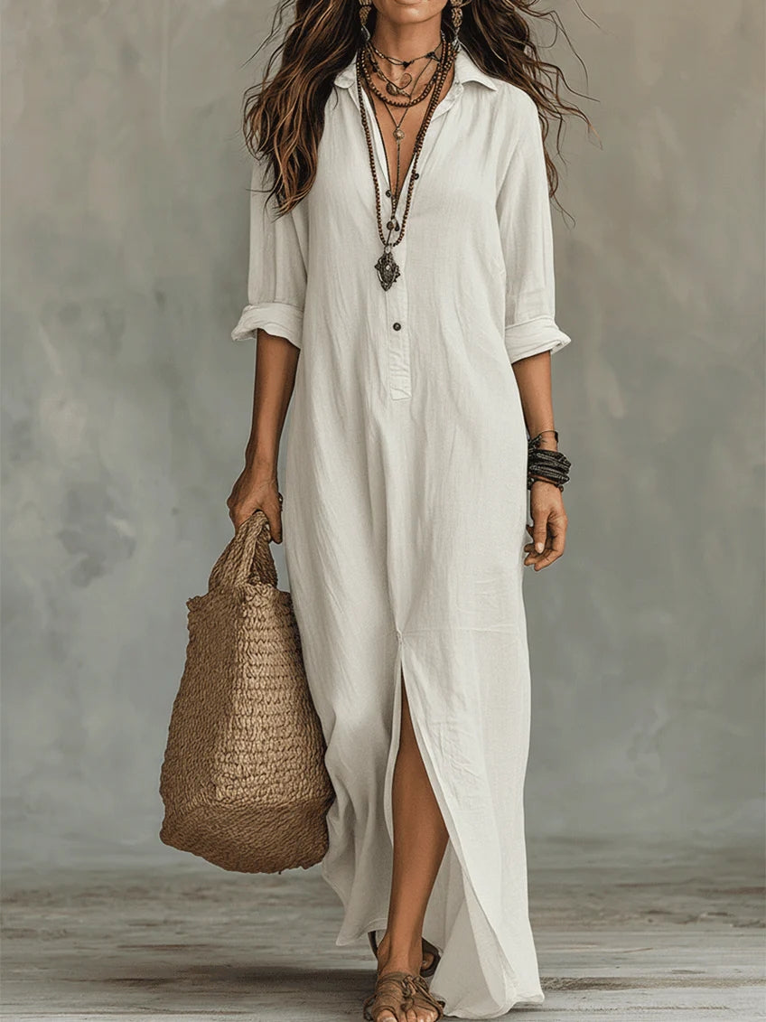 Soline | Vestido maxi com botões e decote em V relaxado