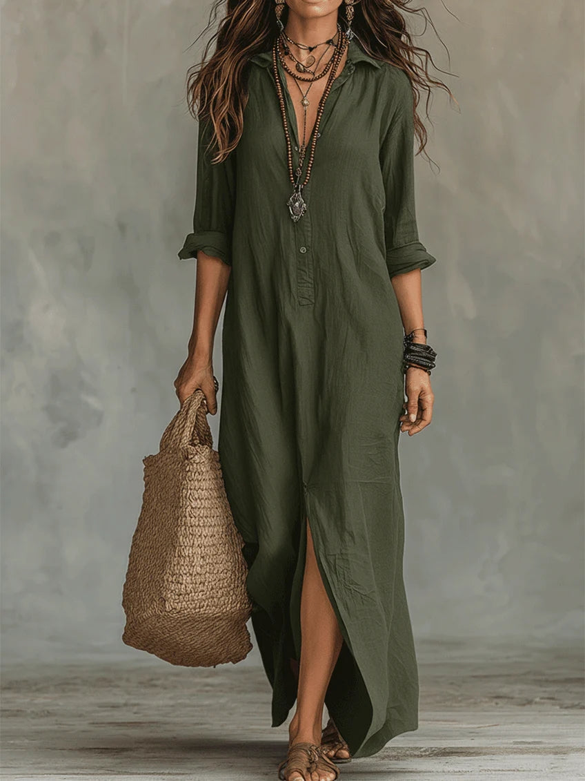 Soline | Vestido maxi com botões e decote em V relaxado