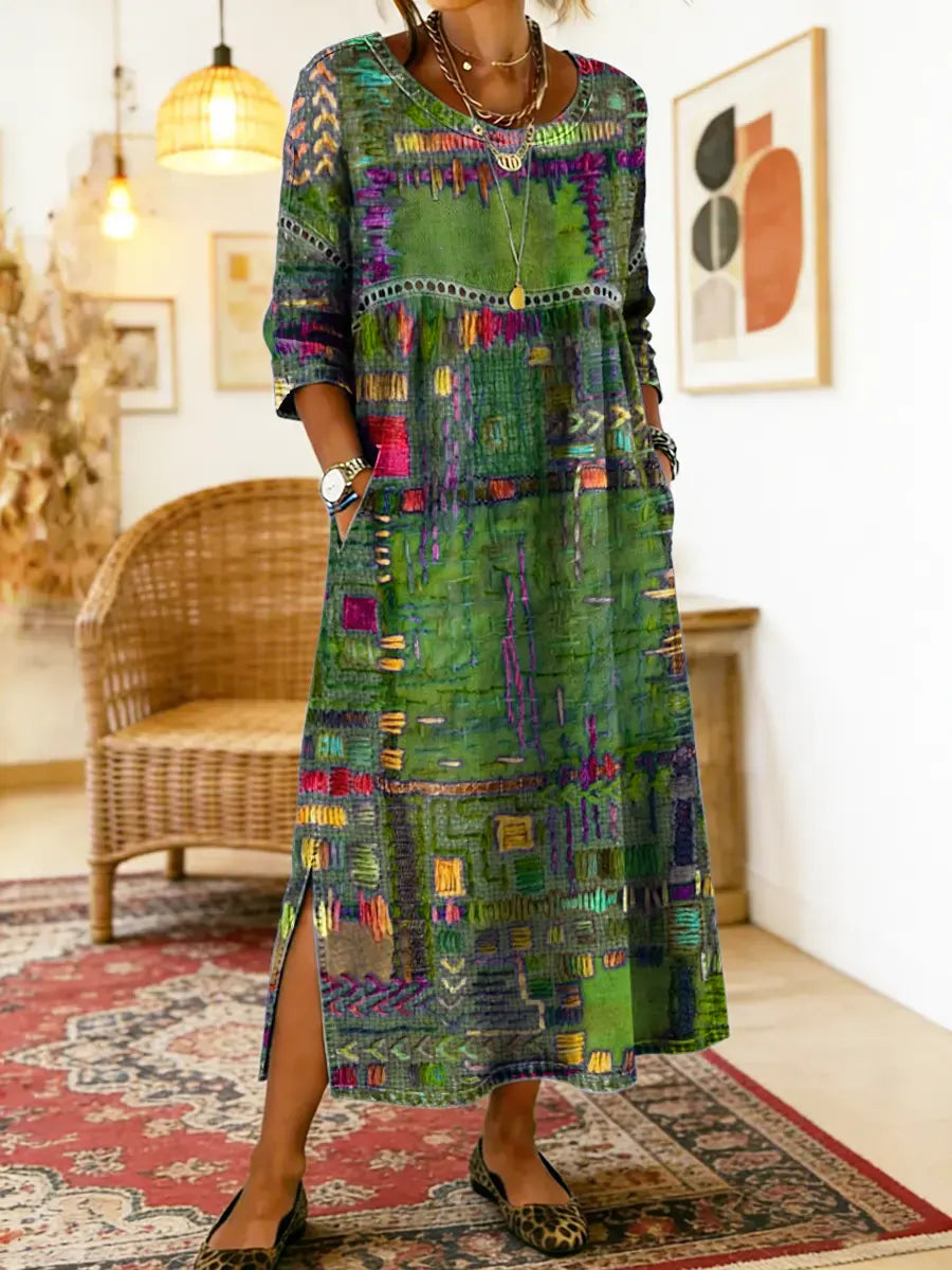 Vestido de algodão feminino com estampado étnico e patchwork