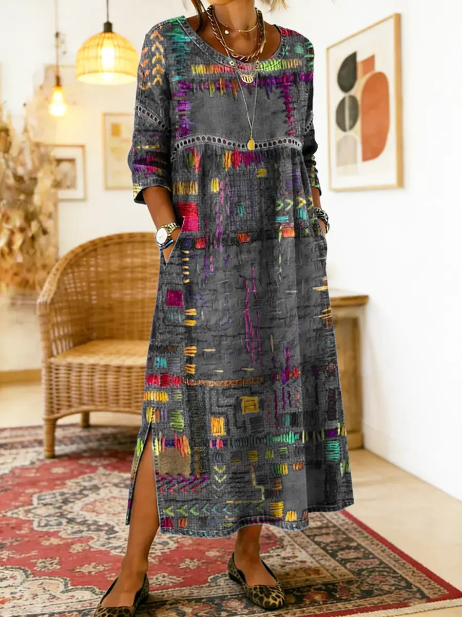 Vestido de algodão feminino com estampado étnico e patchwork