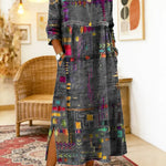 Vestido de algodão feminino com estampado étnico e patchwork