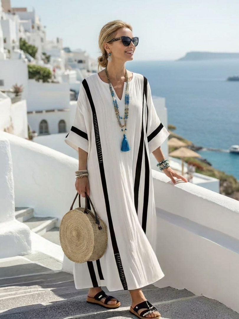 Inès | Vestido Maxi Listrado de Mangas Curtas