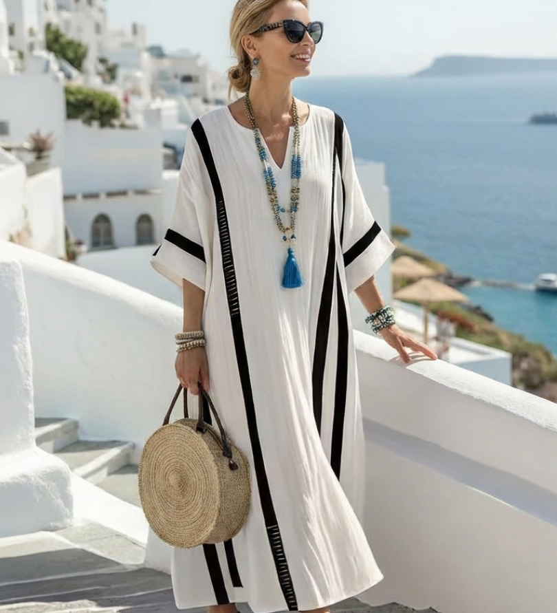 Inès | Vestido Maxi Listrado de Mangas Curtas