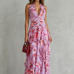 Belladina | Vestido Longo Romântico Kaskada de Rosas com Decote Americano