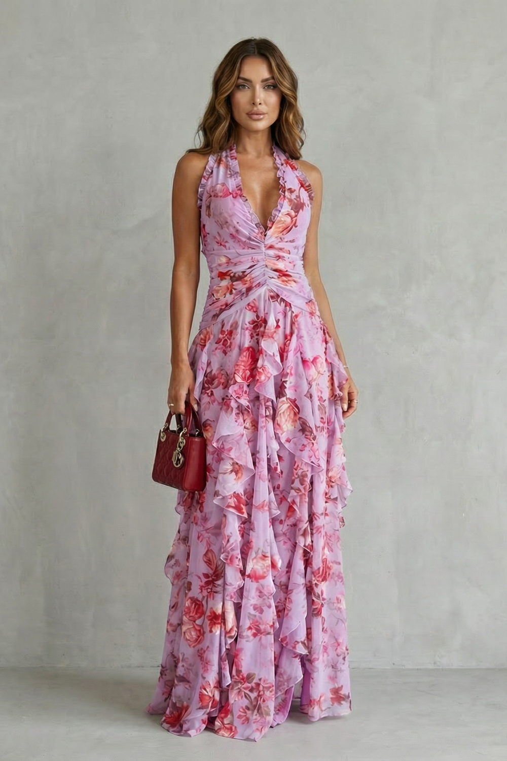 Belladina | Vestido Longo Romântico Kaskada de Rosas com Decote Americano