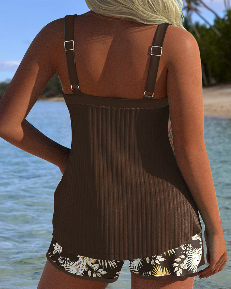 ALBA™ | Tankini Listrado de Duas Peças Curto de Praia
