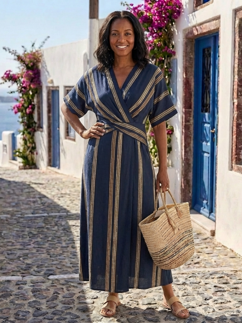 Maëlle | Vestido midi às riscas em V com mangas curtas