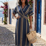 Maëlle | Vestido midi às riscas em V com mangas curtas