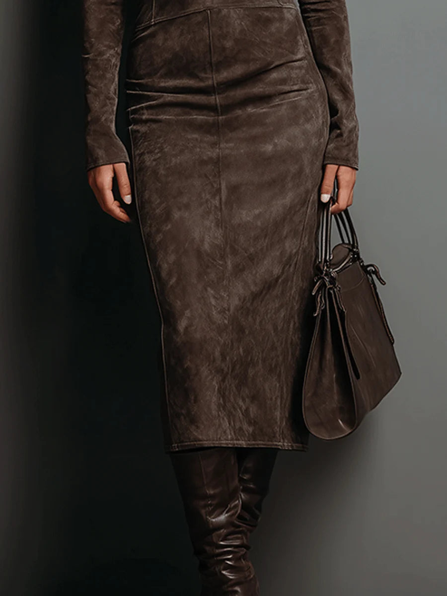 Auriane | Robe Midi de Suédine com Gola Alta