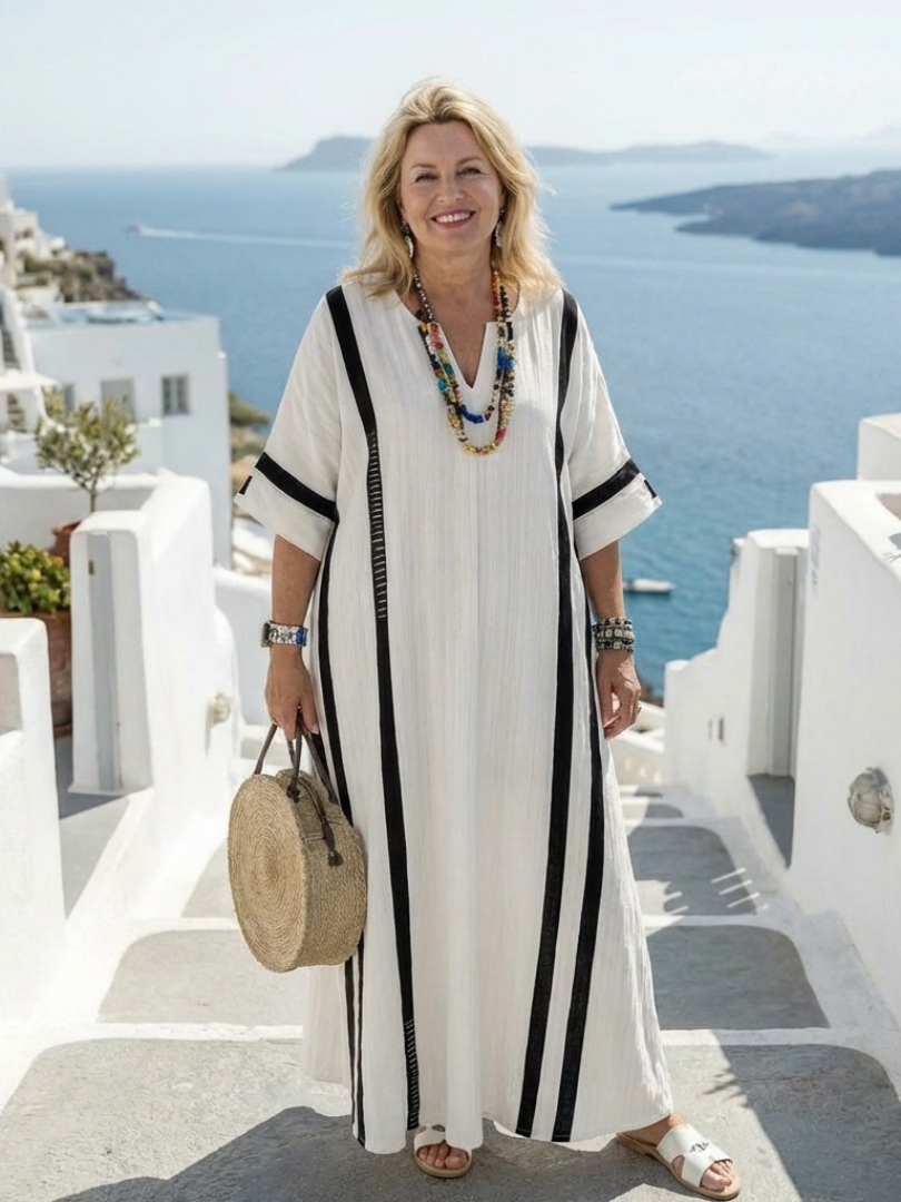 Inès | Vestido Maxi Listrado de Mangas Curtas