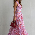 Belladina | Vestido Longo Romântico Kaskada de Rosas com Decote Americano