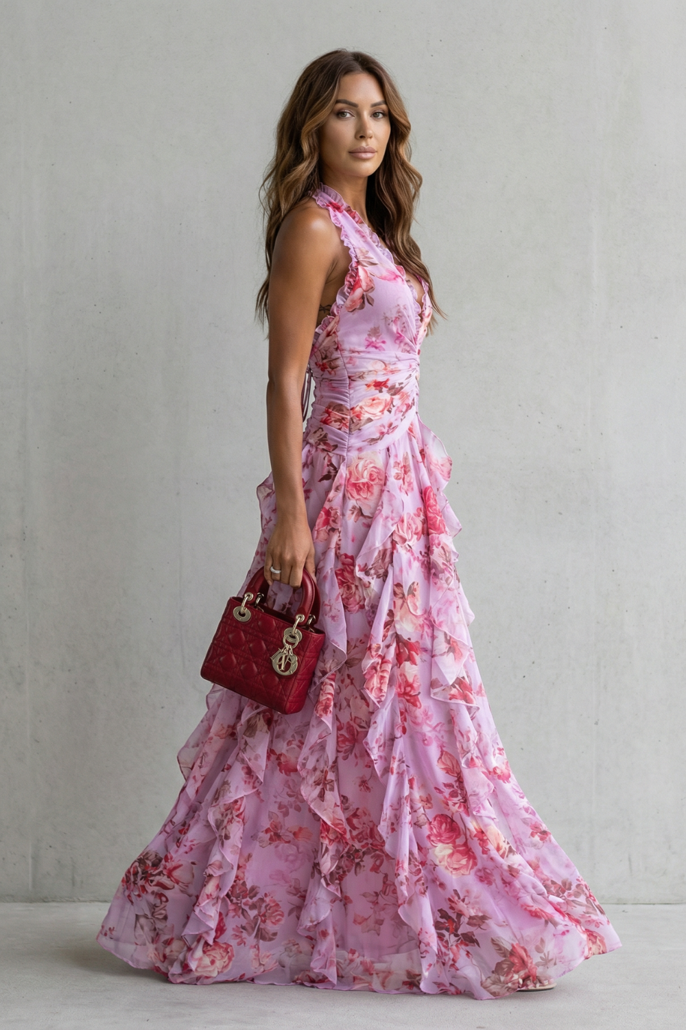 Belladina | Vestido Longo Romântico Kaskada de Rosas com Decote Americano