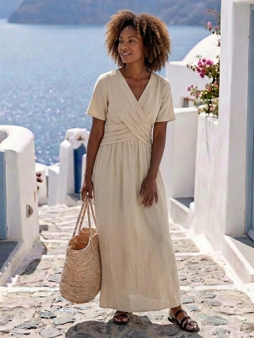 Ambre | Vestido midi portefeuille de mangas curtas em V