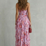 Belladina | Vestido Longo Romântico Kaskada de Rosas com Decote Americano