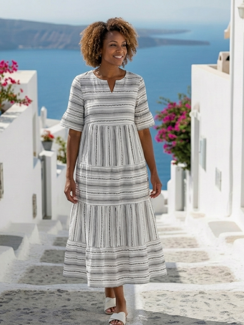 Maëlys | Vestido midi às riscas com mangas curtas
