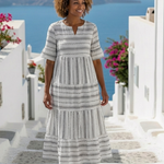 Maëlys | Vestido midi às riscas com mangas curtas