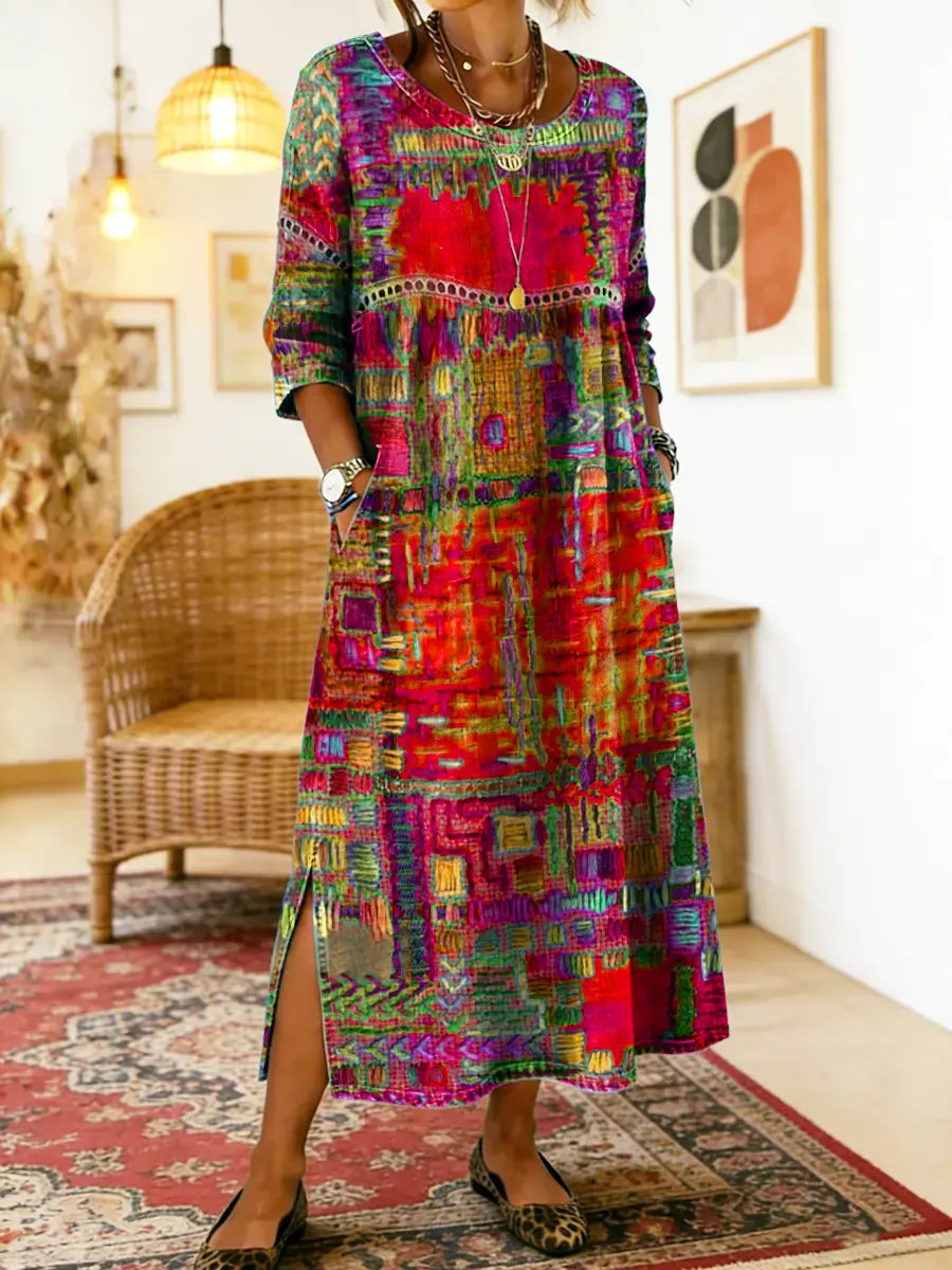 Vestido de algodão feminino com estampado étnico e patchwork