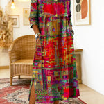 Vestido de algodão feminino com estampado étnico e patchwork