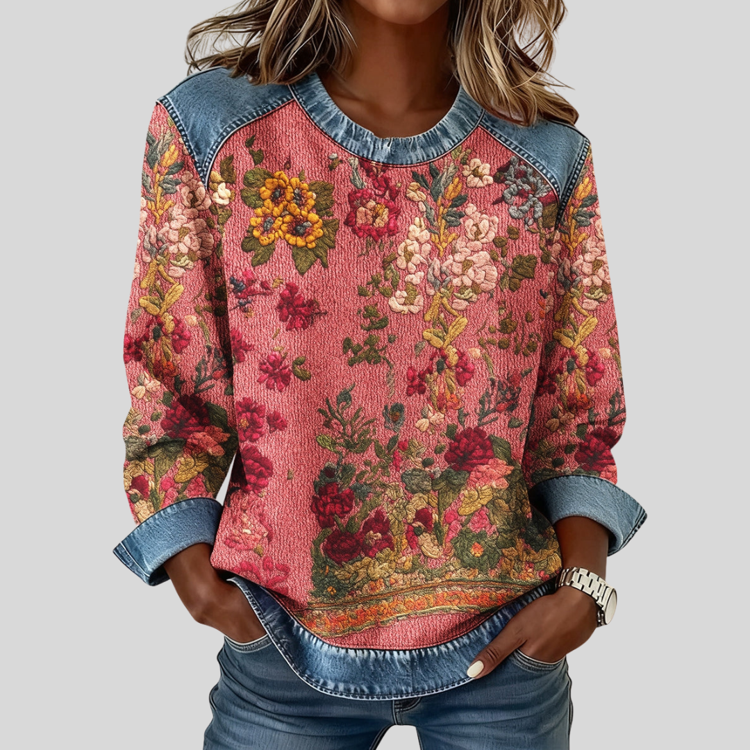 Herminie | Sweat Floral Acabamento Denim