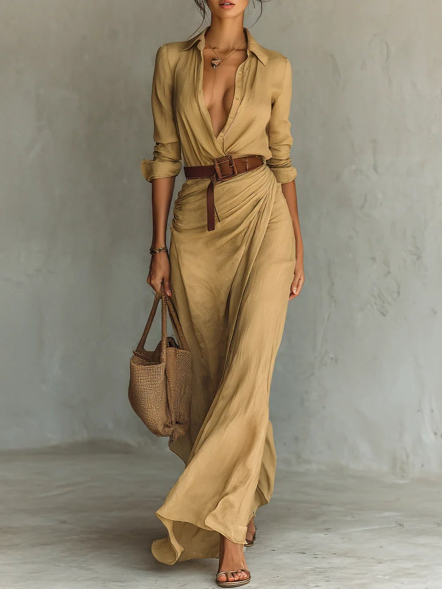 Vestido longo cintado com mangas longas e lapelas