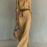 Vestido longo cintado com mangas longas e lapelas