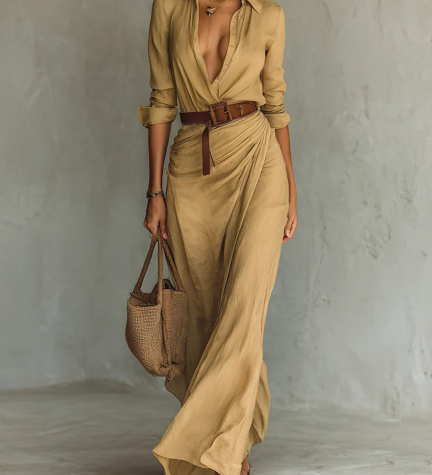 Vestido longo cintado com mangas longas e lapelas