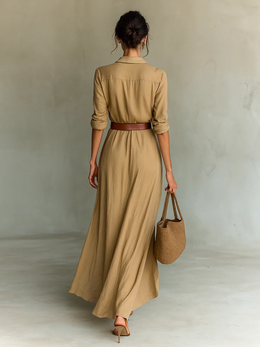 Vestido longo cintado com mangas longas e lapelas