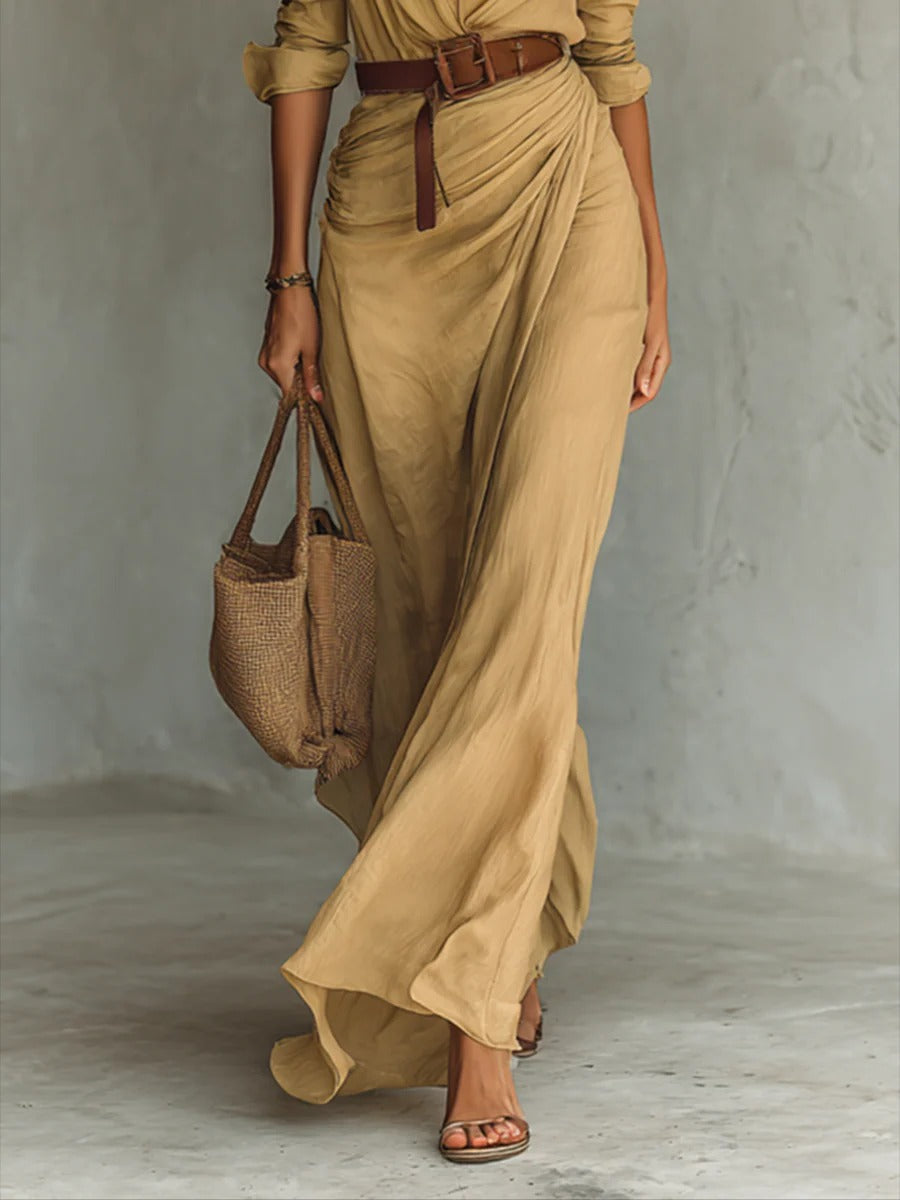 Vestido longo cintado com mangas longas e lapelas