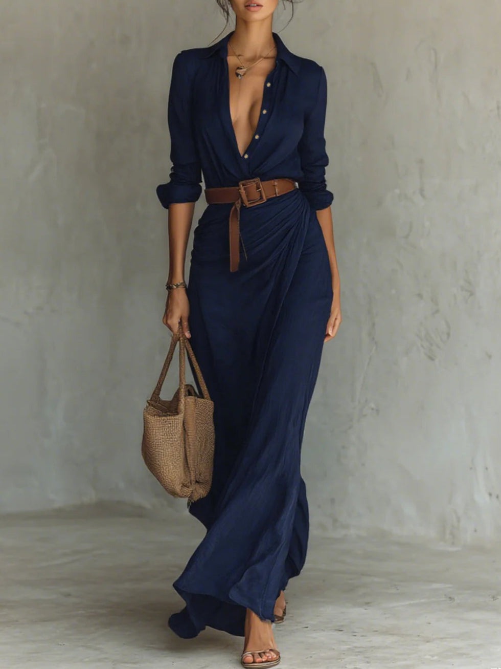 Vestido longo cintado com mangas longas e lapelas