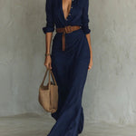 Vestido longo cintado com mangas longas e lapelas