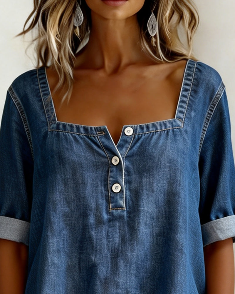 Avélia™ | Camisa de denim com colarinho quadrado