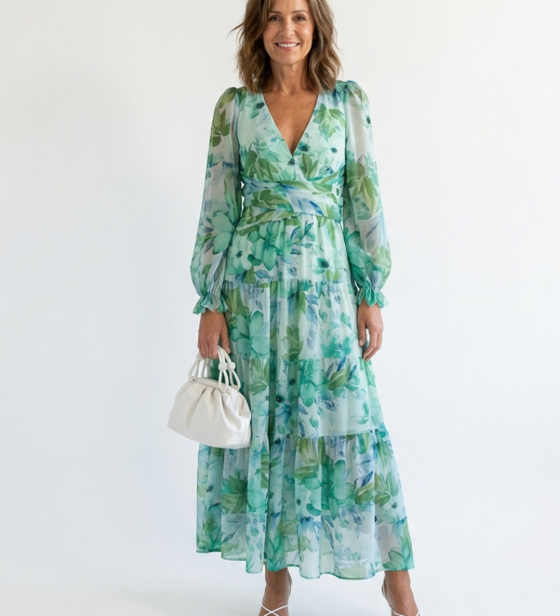 Camille | Vestido Maxi Florido com Mangas Longas