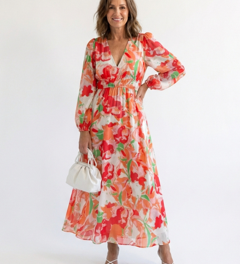 Camille | Vestido Maxi Florido com Mangas Longas