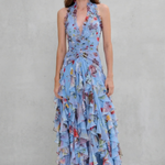 Belladina | Vestido Longo Romântico Kaskada de Rosas com Decote Americano