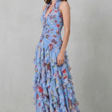 Belladina | Vestido Longo Romântico Kaskada de Rosas com Decote Americano