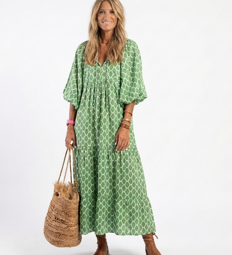 Céline | Vestido midi com padrão, mangas três-quartos e decote em V